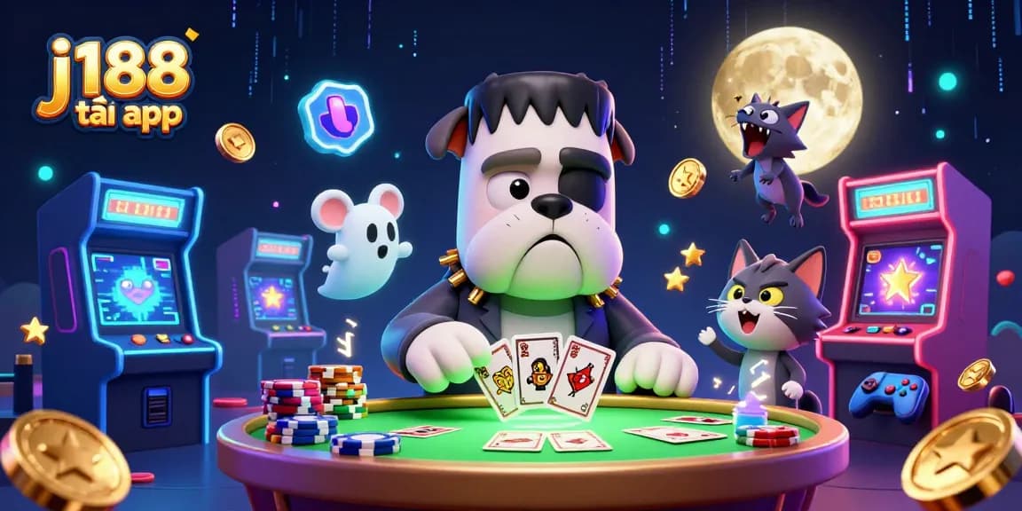 Engage with the thrilling j188 tải app as a cartoon bulldog monster deals cards in a vibrant gaming scene.