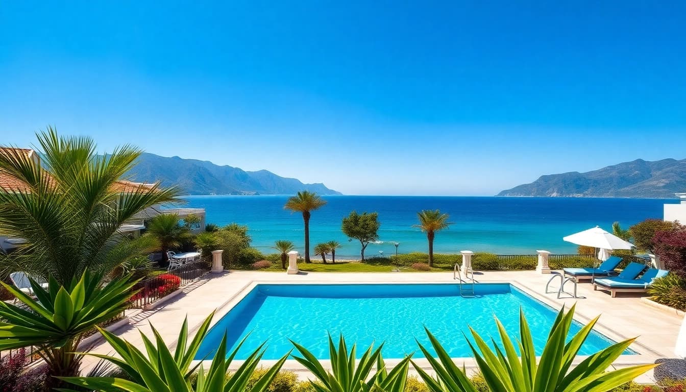 Explore alanya properties turkey with luxurious beachfront villa featuring vibrant garden and pool.