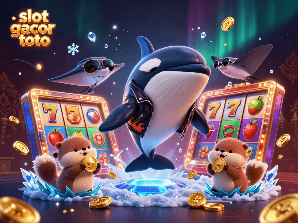 Engage with slot gacor toto in a lively scene featuring a 3D orca and otters surrounded by vibrant slot machines.