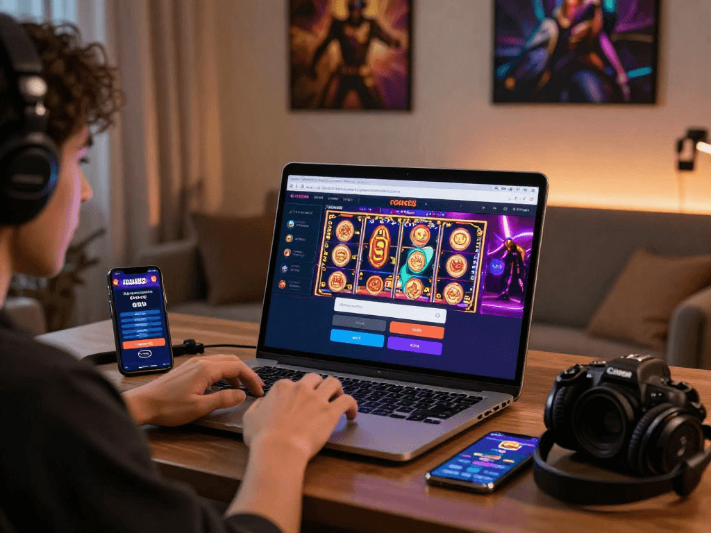 Engaging scene of user logging into rokok88 on a laptop surrounded by colorful online casino games.