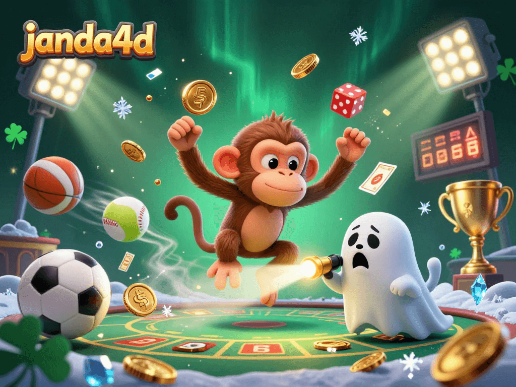 Experience the energy of janda4d with this vibrant 3D casino illustration showcasing a playful poltergeist monkey juggling golden items.