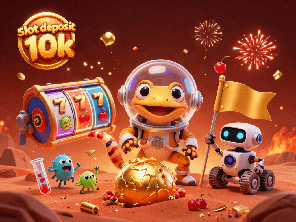 Engage in slot deposit 10k adventures with a Martian gecko, vibrant casino symbols, and festive elements.