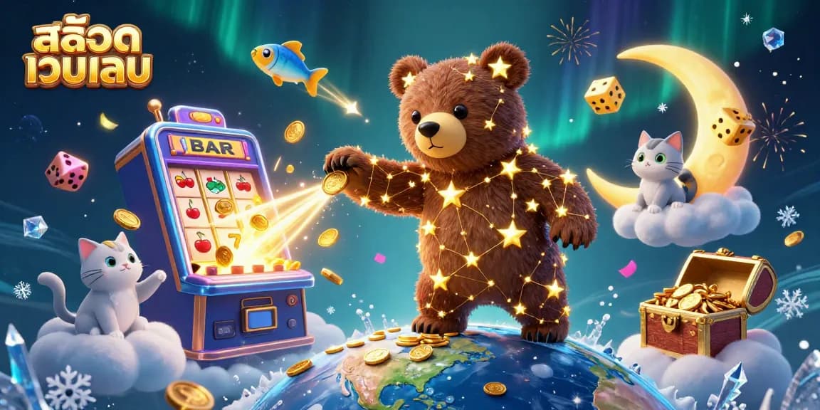Engage with exciting สล็อตเว็บตรง gaming world, illustrated with vibrant casino elements and sparkling treasures.