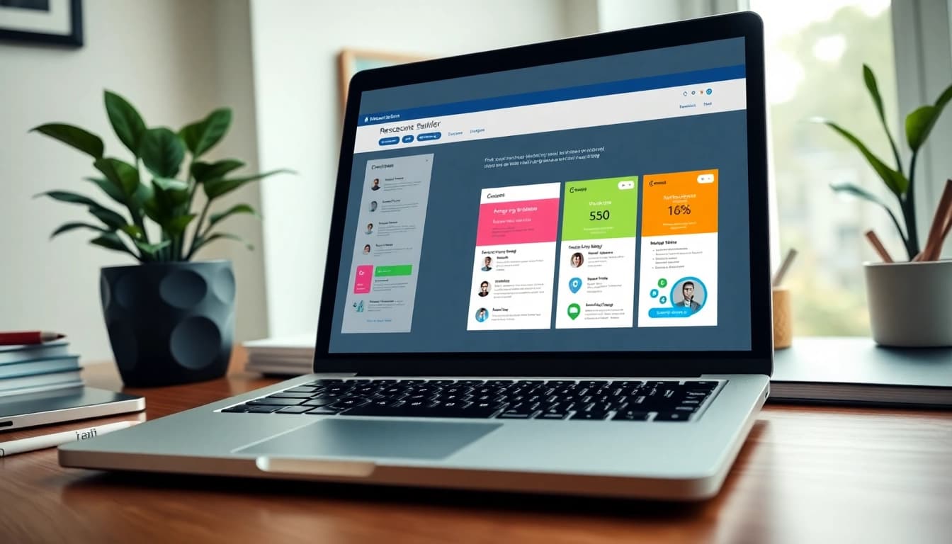 Create a standout Resume Builder with customizable templates displayed on a laptop in a stylish home office.