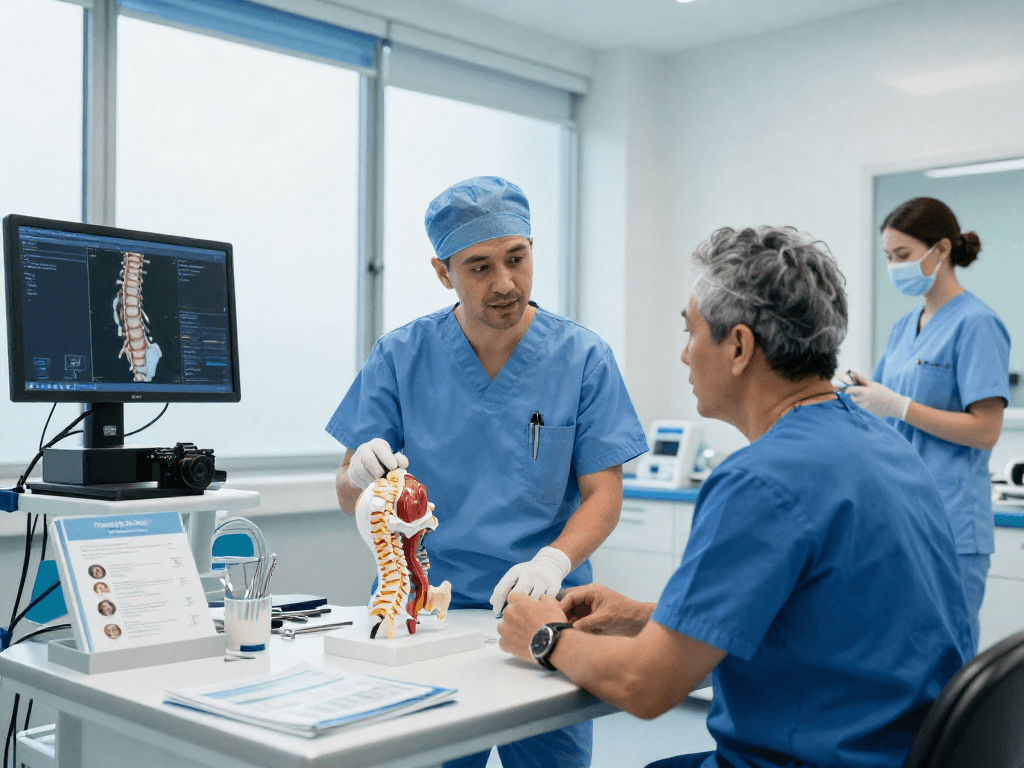 Dar kanal ameliyatı consultation scene with surgeon and patient discussing spinal health in a modern clinic