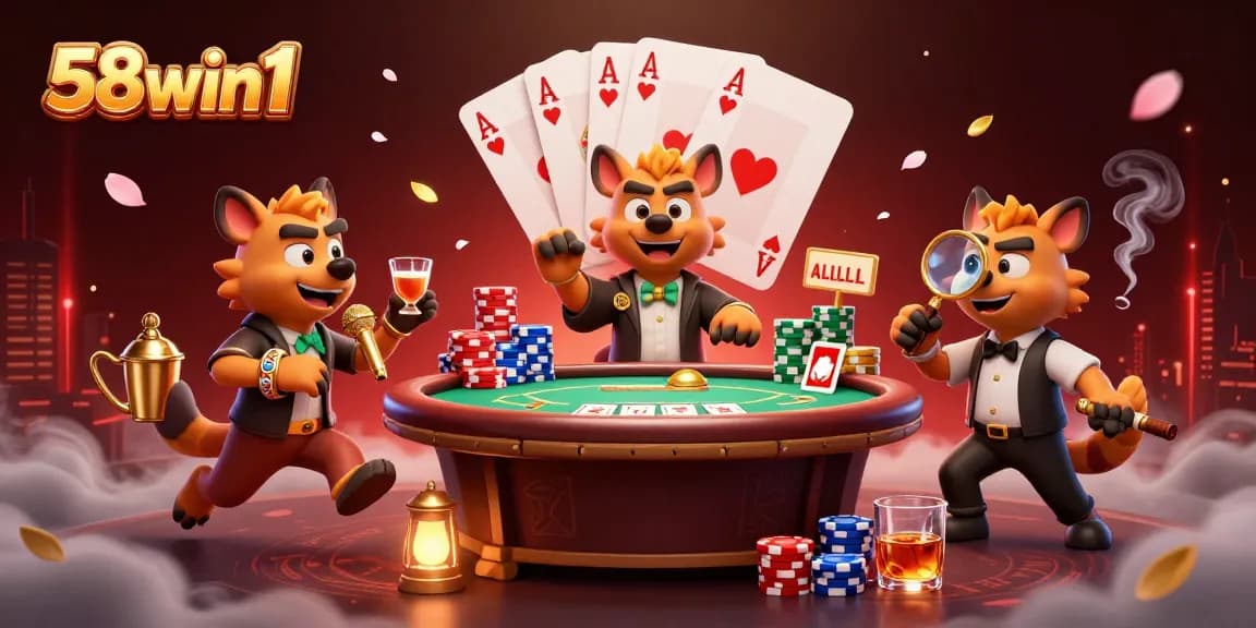 Hyenas run the 58win1 comedy casino club featuring poker elements and vibrant decor.