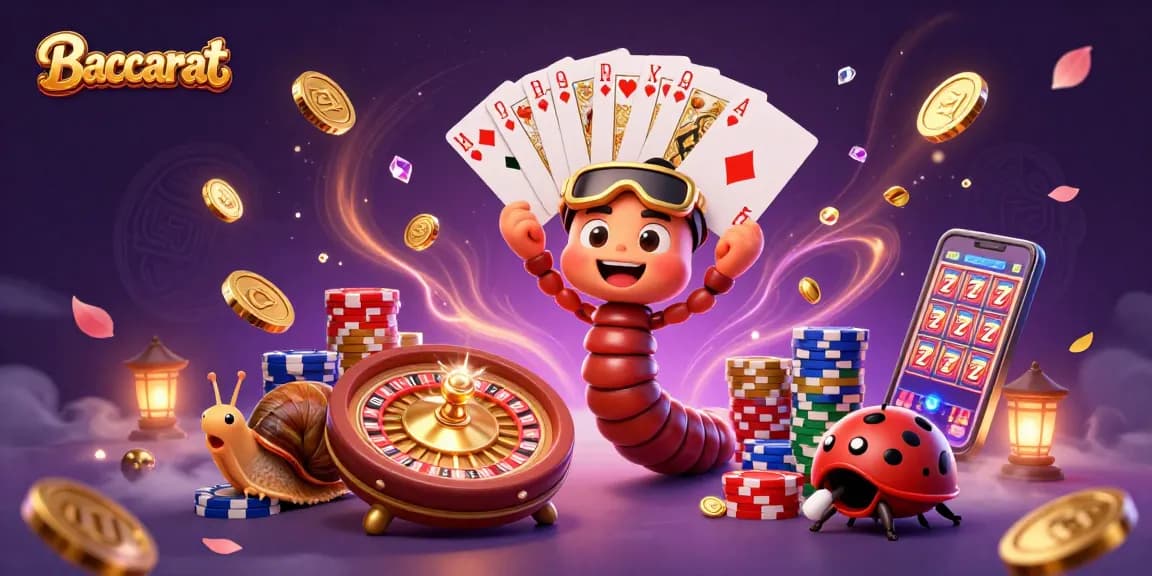 Baccarat table scene featuring a colorful dealer, chip stacks, and flying coins, creating a lively gaming atmosphere.