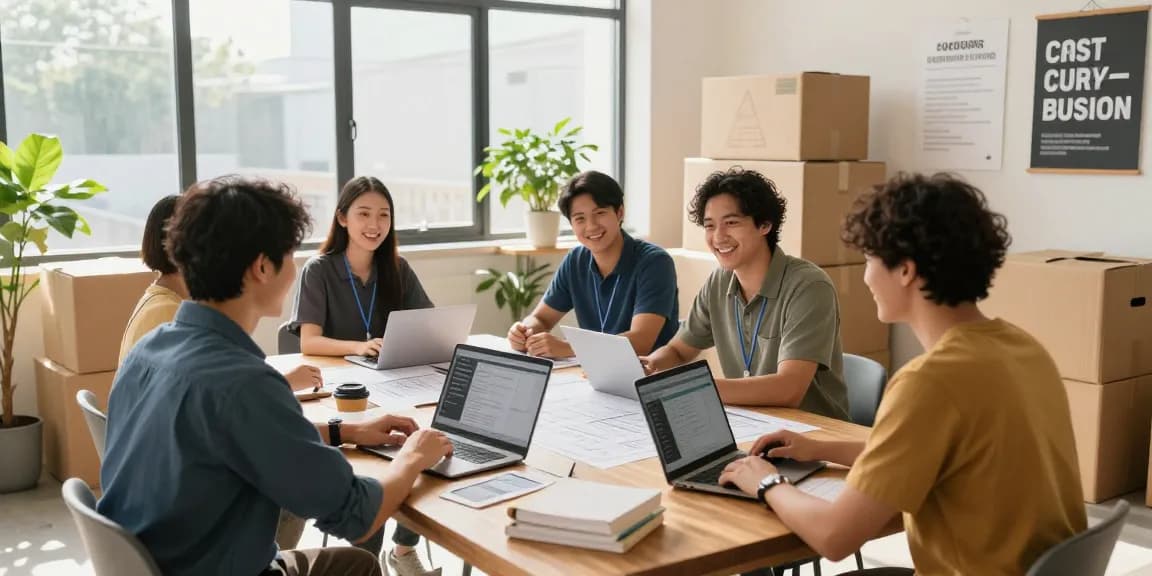 Men on mission discussing moving plans in a bright office
