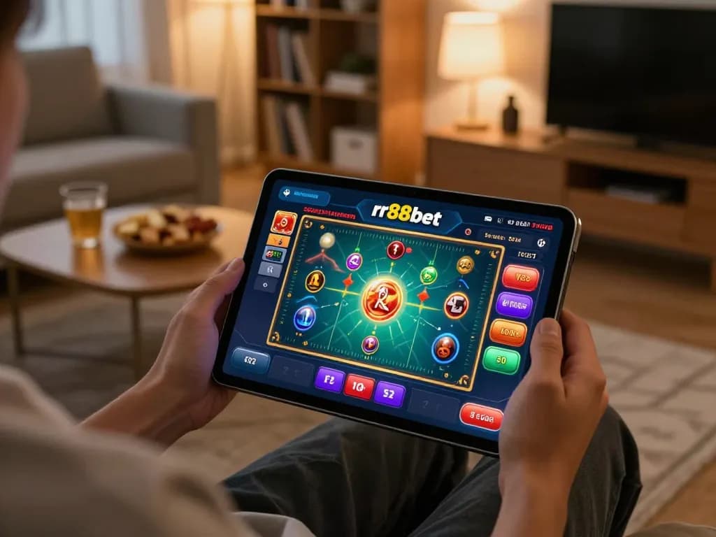 Engaging with rr88bet on a tablet during a cozy home gaming session