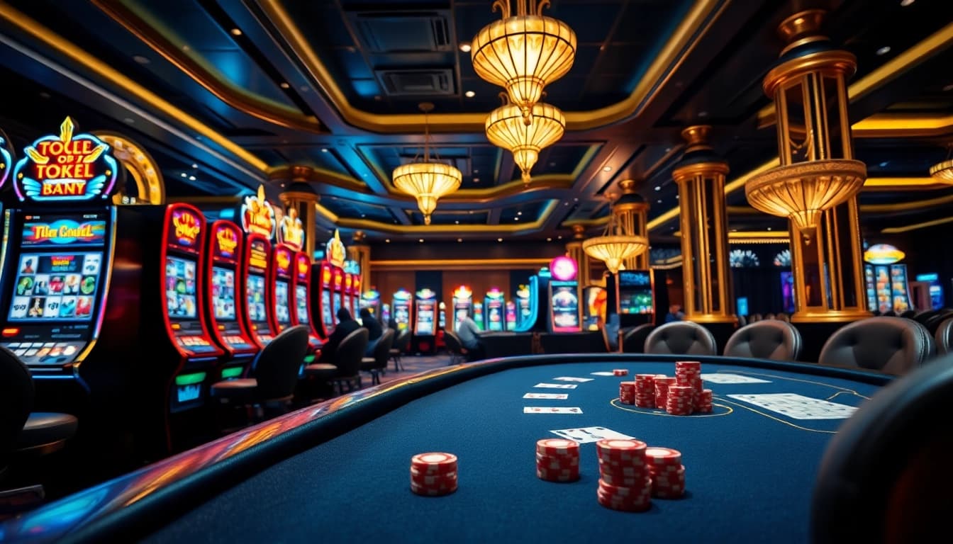 Adegan yang menarik bagi para pemain di mesin slot togel dalam suasana kasino mewah.
