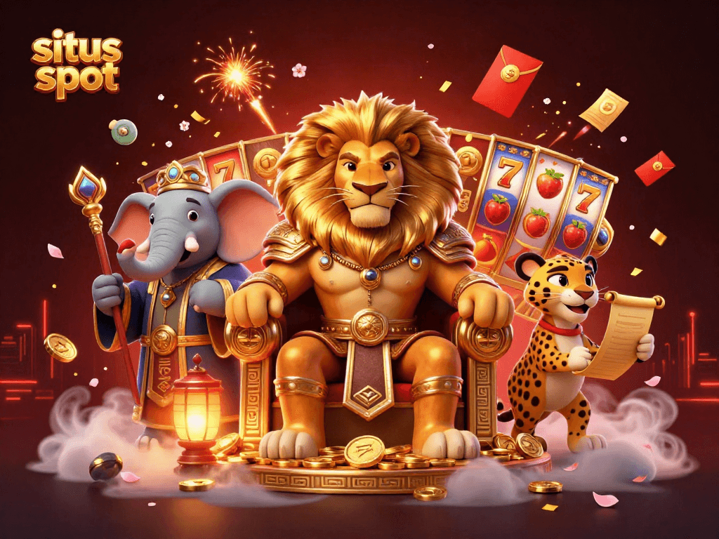 Experience vibrant situs slot action with a majestic lion king, wise elephant, and swift cheetah amidst slot reels and festive elements.