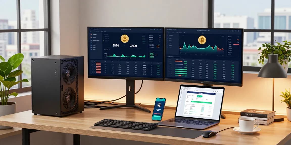 Bitcoin mining platform setup showcasing cryptocurrency dashboards, digital wallet, and advanced mining analytics in modern workspace.