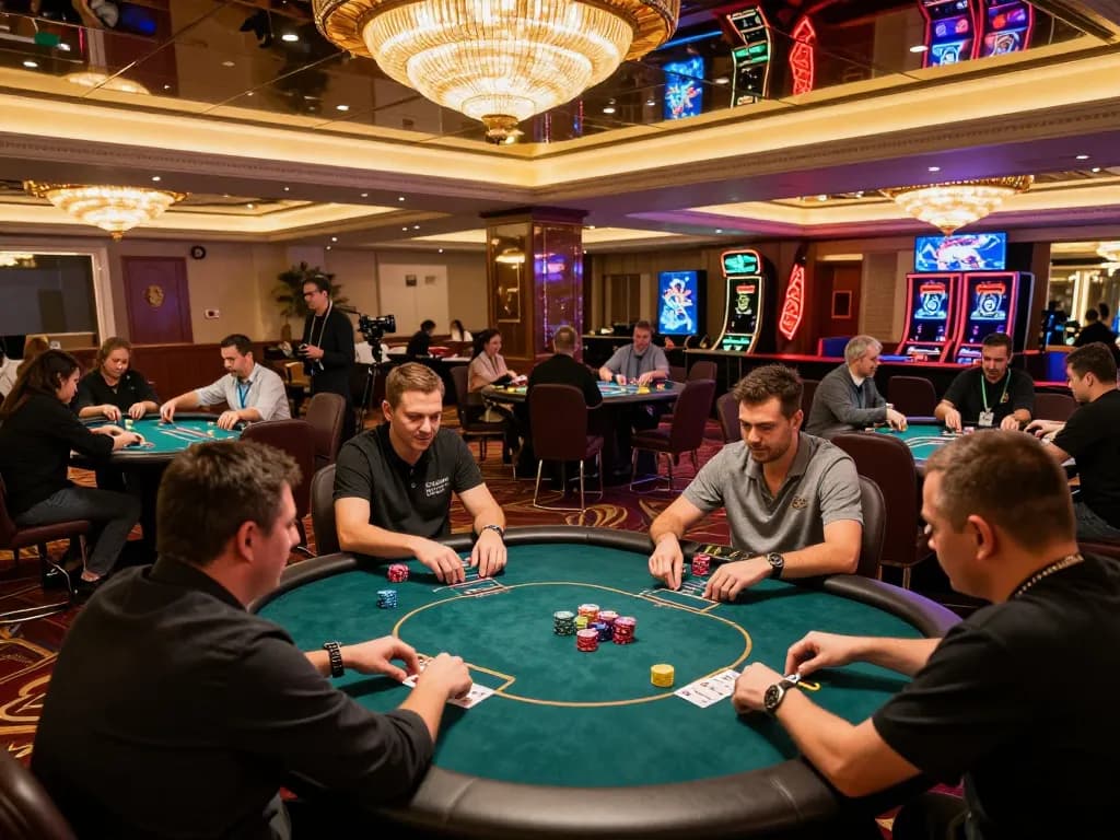Players strategizing in a vibrant poker game at rr88bet casino, showcasing thrilling gameplay.