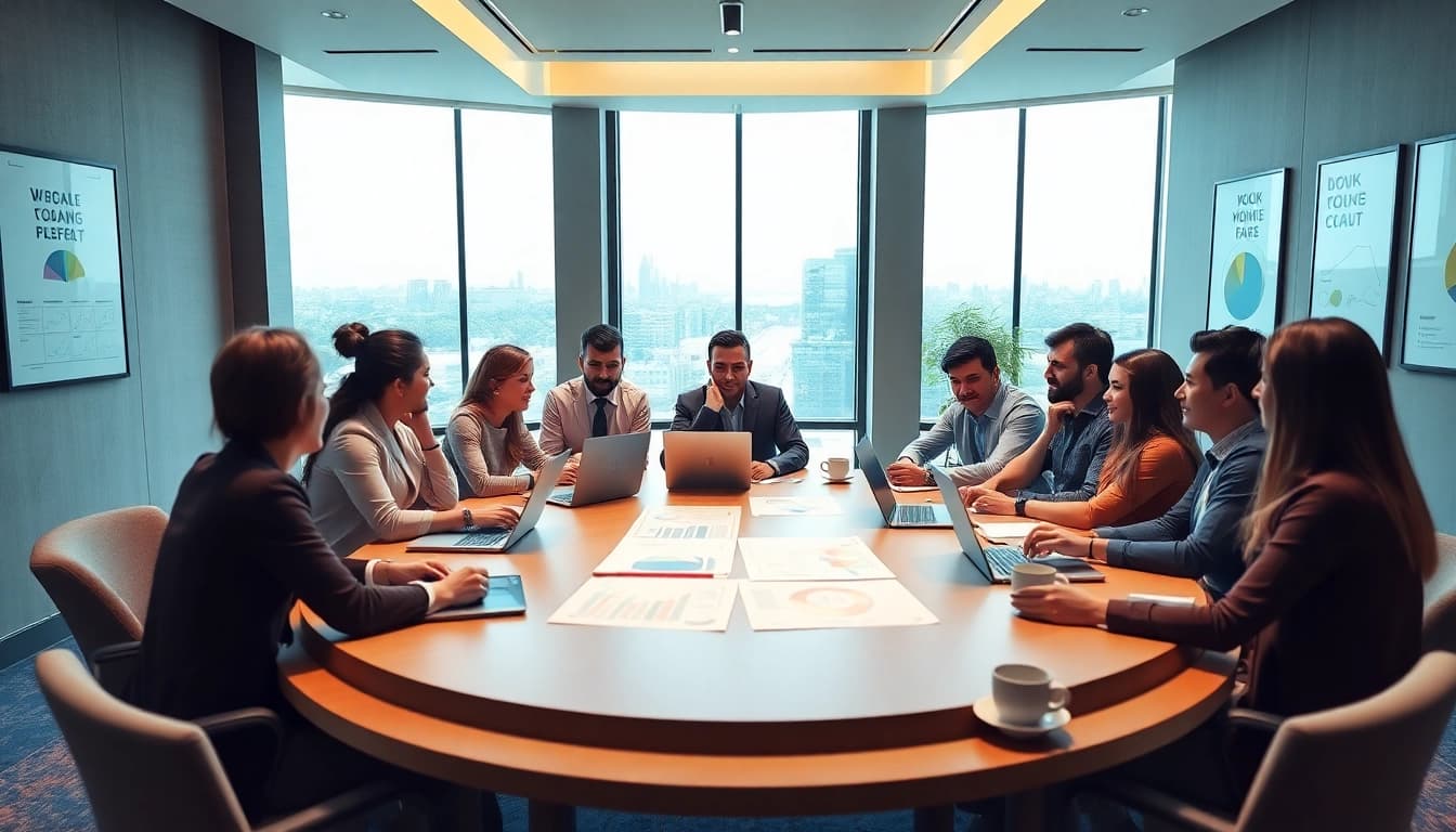 Engaged professionals collaborating in a business coaching service meeting.