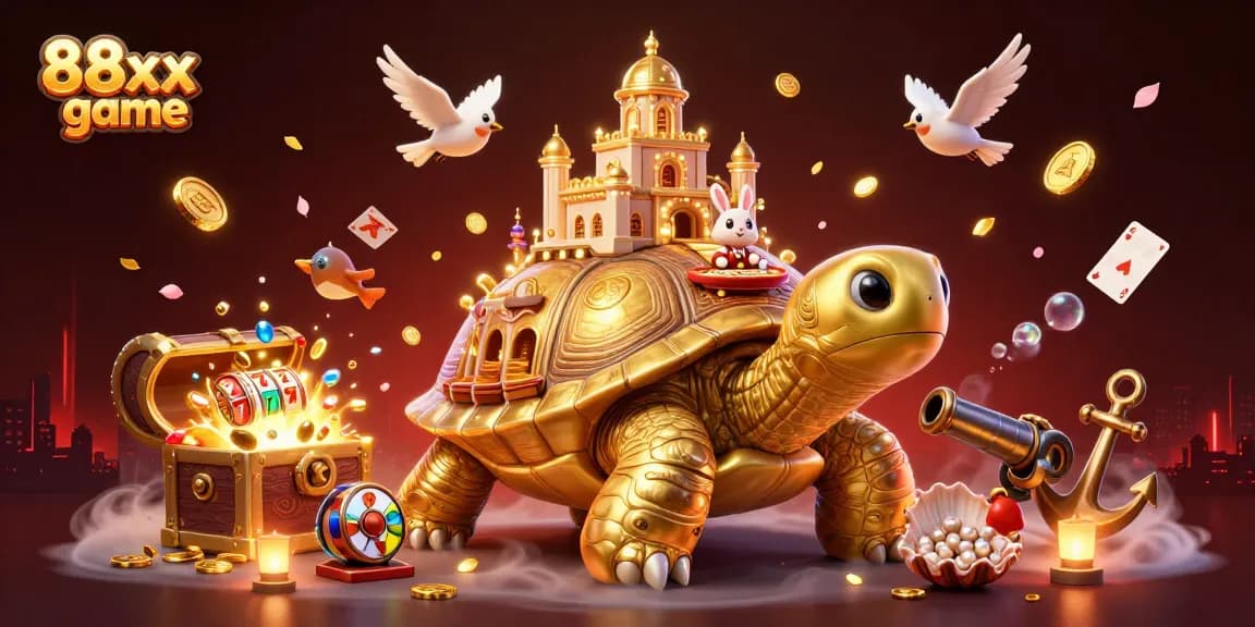 Immerse in the 88xx game excitement with a golden tortoise casino illustration bursting with coins.