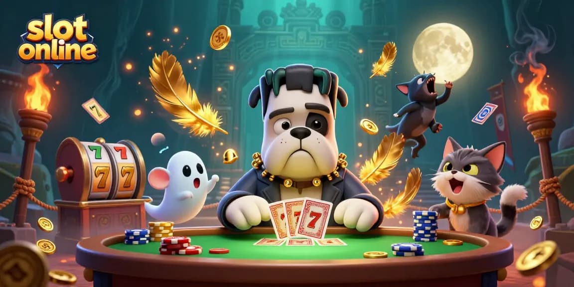 Play thrilling slot online games with a 3D Frankenstein bulldog dealer and exciting gaming elements.
