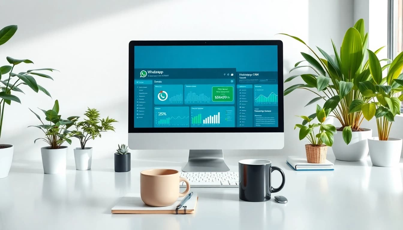 Visual of WhatsApp Business CRM interface on a workstation, emphasizing productivity.