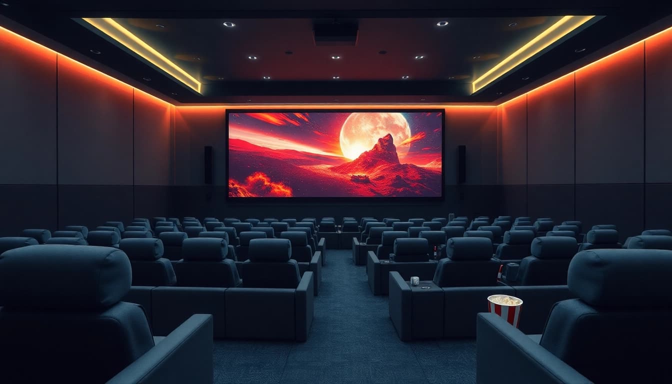 ดูหนัง ในโรงภาพยนตร์ที่มีที่นั่งนุ่มนวลและจอใหญ่เต็มไปด้วยฉากจากภาพยนตร์
