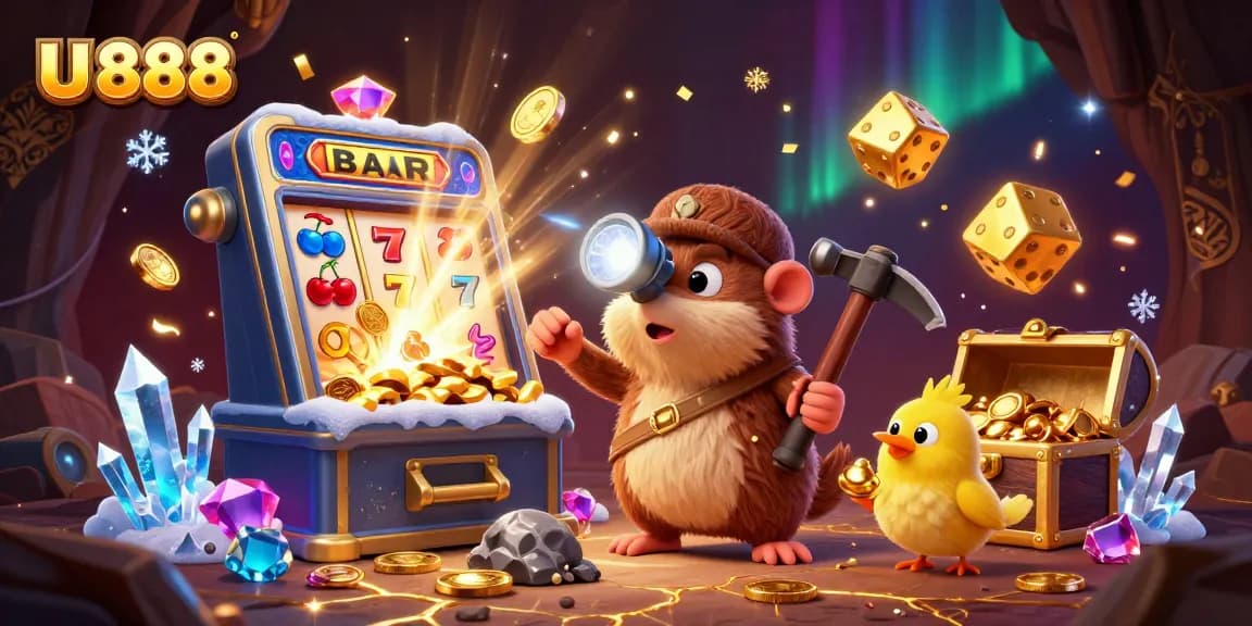 Experience U 888 excitement with a treasure hunter celebrating jackpots and casino games.