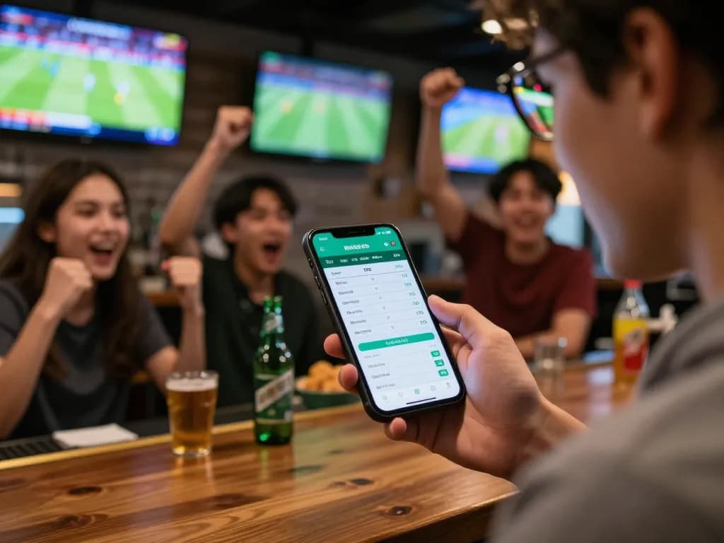 Engaging in tỷ lệ cá cược bóng đá by placing bets on a smartphone at a lively sports bar.