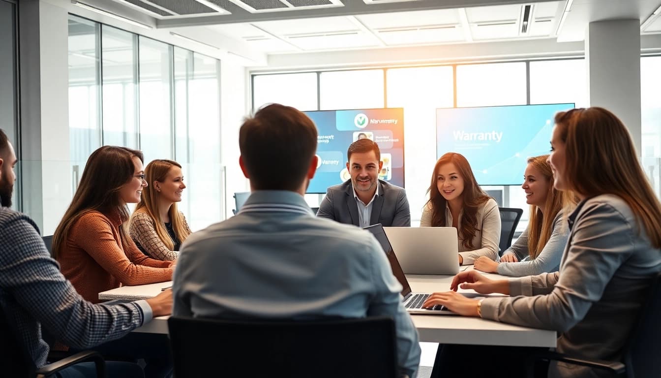 Engaging team discussing strategies for a digital first warranty company in a modern office.