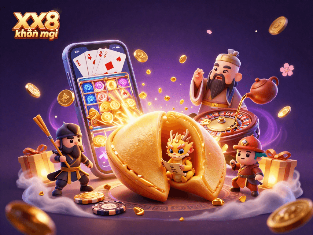 Engage with the exciting XX8 khuyến mãi featuring a vibrant 3D casino scene full of animated characters and casino elements.