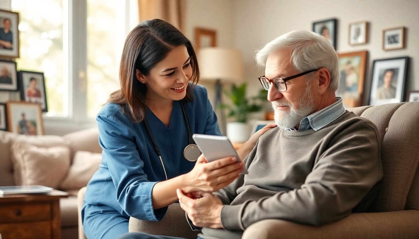 Engaging scene of austin senior home care where a caregiver assists a senior in a warm living room.