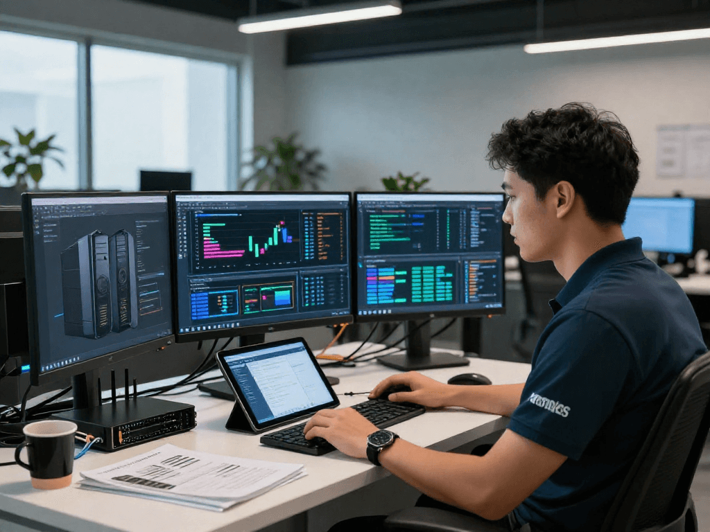 Servers VPS Windows en México monitoring in a modern data center with dual monitors displaying metrics and performance stats.