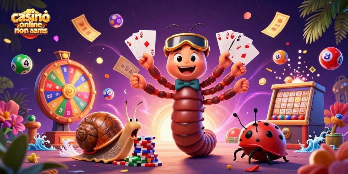 Casinò online non AAMS: dealer moscaiolo con carte, limaccia con fiches e animali festanti.
