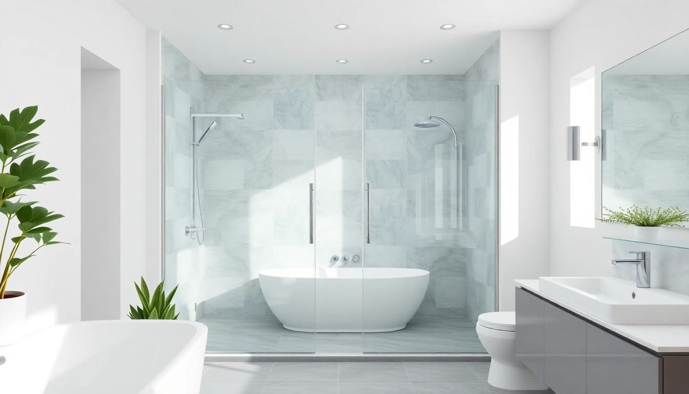 View of sleek sunney shower doors in a modern, elegant bathroom setting.