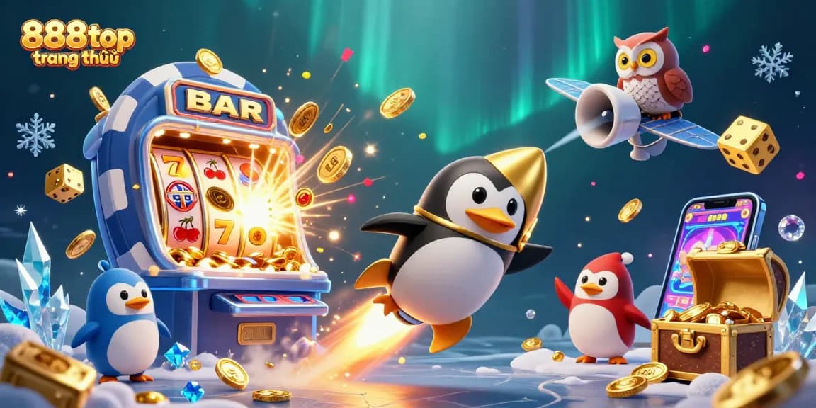 Spin to win at 888top trang chủ with a golden penguin and vibrant slot machine explosion!