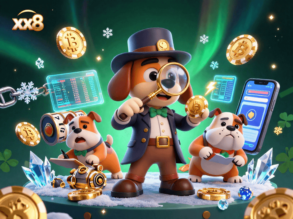 Engage with xx8's thrilling scene featuring a detective seeking treasure amidst crypto coins and slot elements.