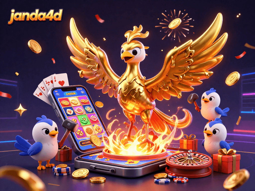 Permainan slot online janda4d dengan kemenangan berlimpah dan karakter kartun berkilau.