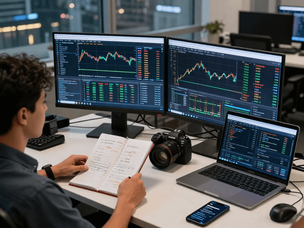Focused trader using metatrader 5 on dual monitors with market charts.