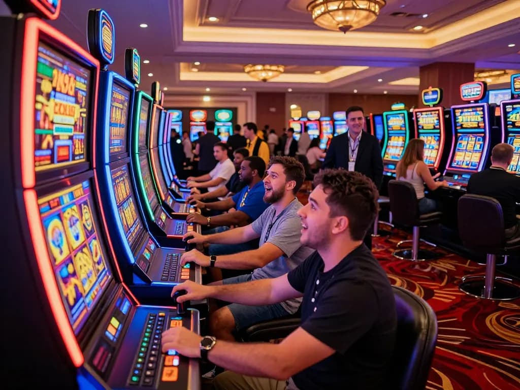 Players celebrating wins at a busy slot777 machine area in a vibrant casino atmosphere.