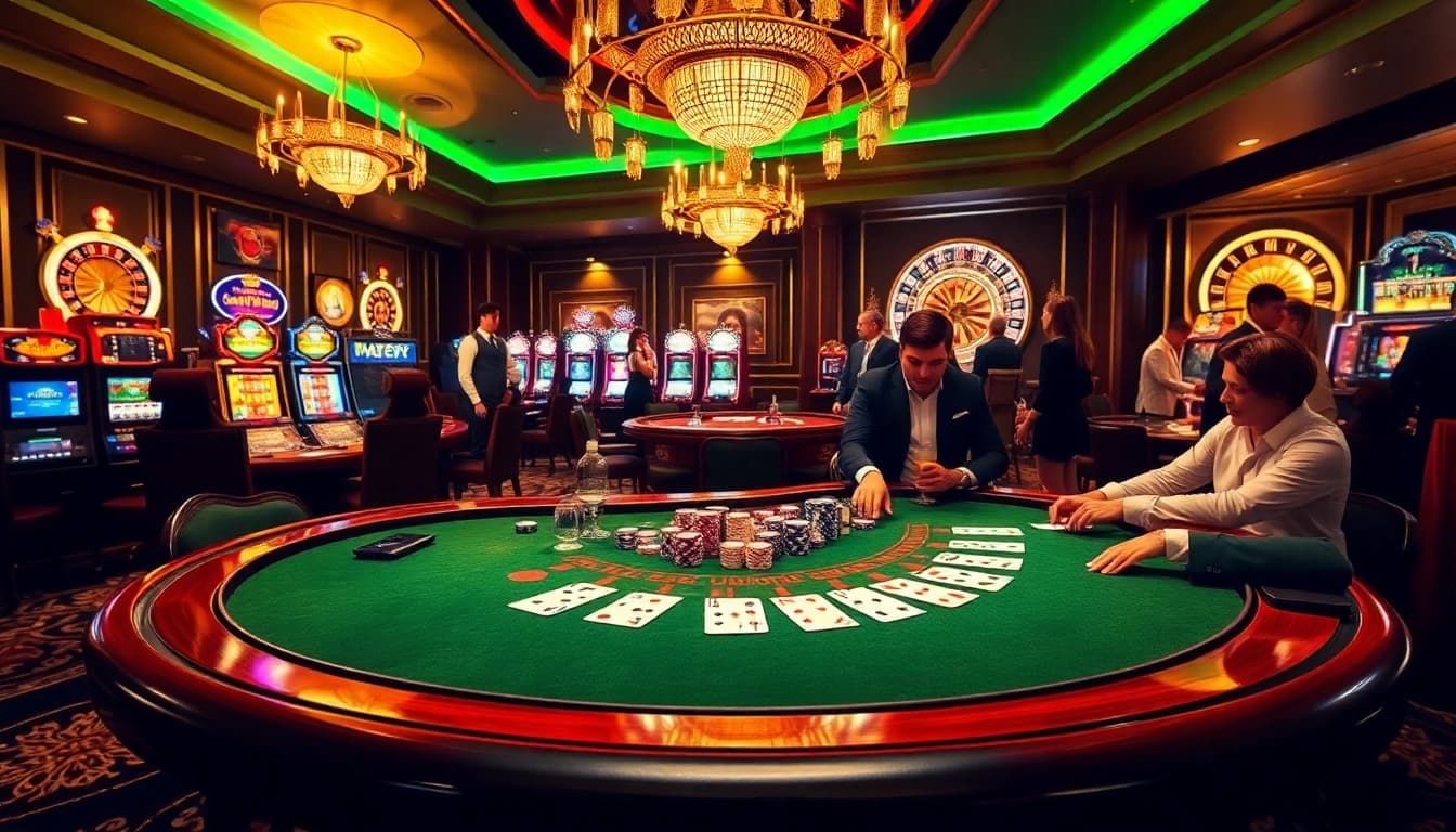 BJ388 players experience thrilling gameplay at a luxury blackjack table in a vibrant casino setting.