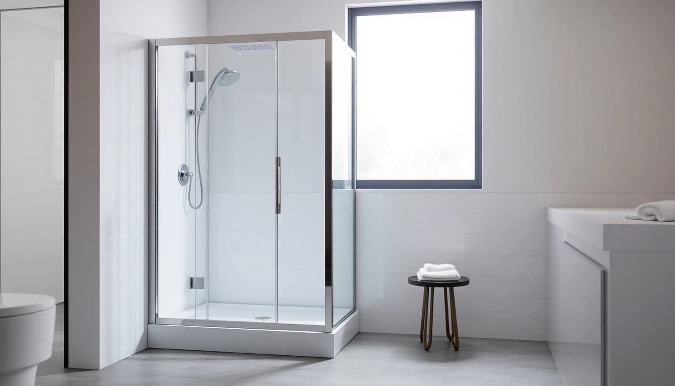 Duschkabine 90x90 komplett in einem modernen Badezimmer, elegantes Design und klare Linien.