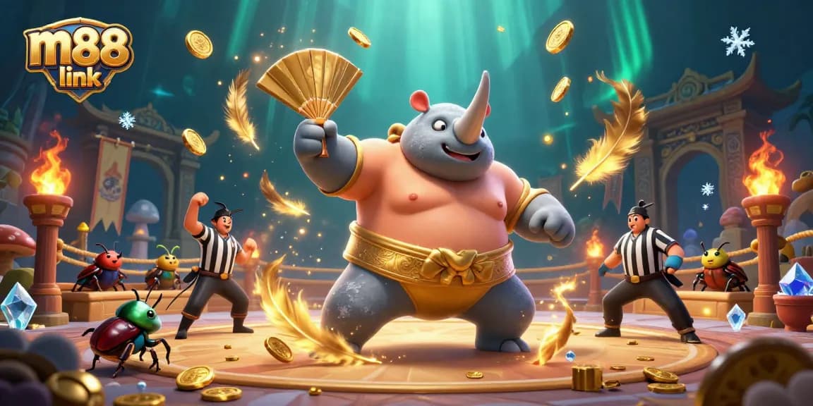 Experience thrilling moments at m88 link with a sumo beetle champion stomping coins in a vibrant casino arena.