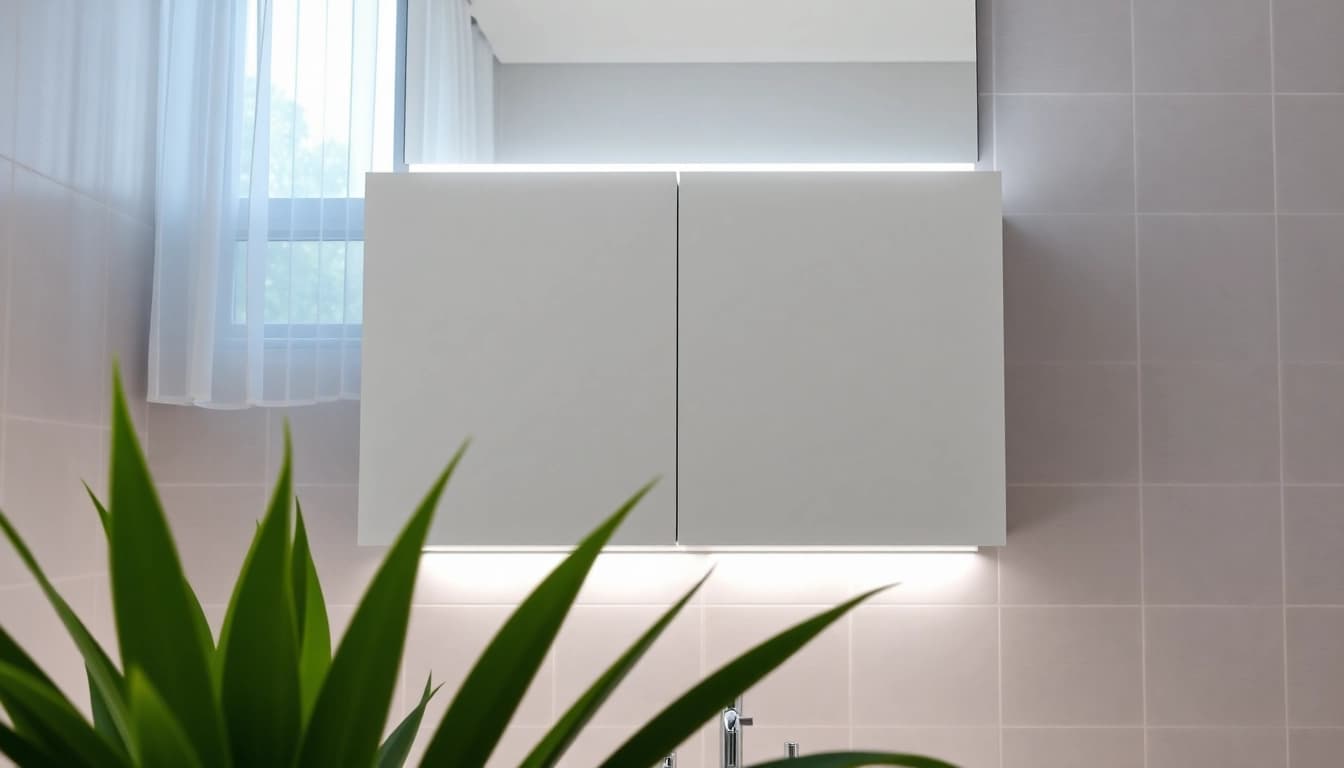 Stylish illuminated bathroom cabinets with integrated lighting enhancing a modern bathroom design.