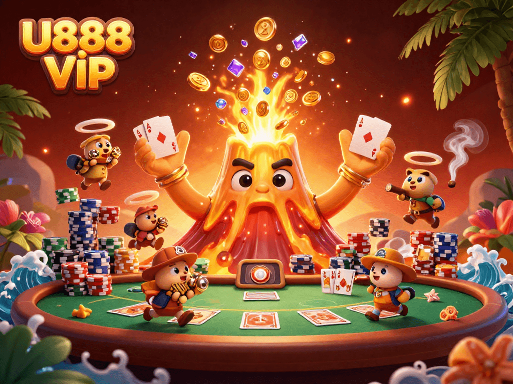 Experience U888 VỊP's thrilling online gaming with a vibrant 3D casino scene full of action.