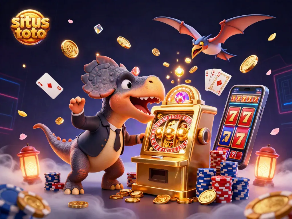 A 3D cartoon pachycephalosaurus wins at situs toto, surrounded by coins and a casino atmosphere, showcasing dynamic action.