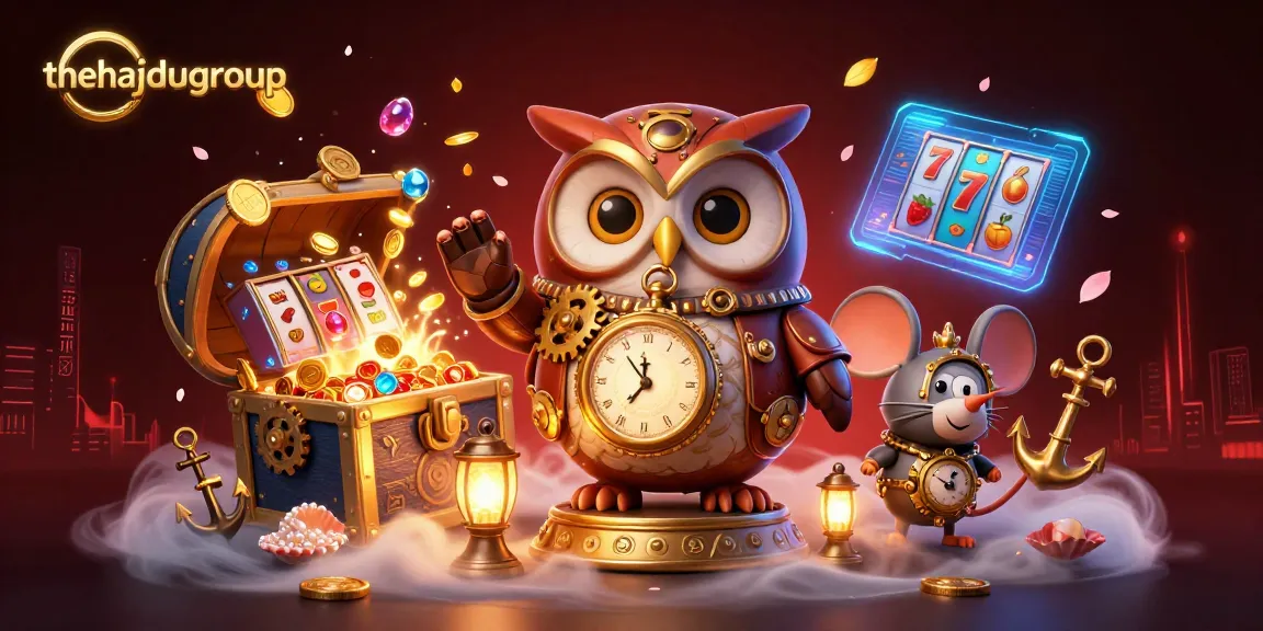 Thehajdugroup showcases a vibrant 3D casino scene with a time-traveling owl and steampunk elements amid slot game imagery.