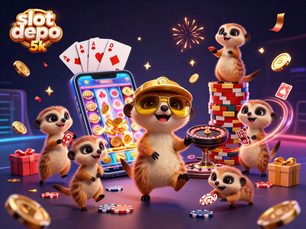 Experience the excitement of slot depo 5k with captivating meerkat characters in a vibrant casino scene.
