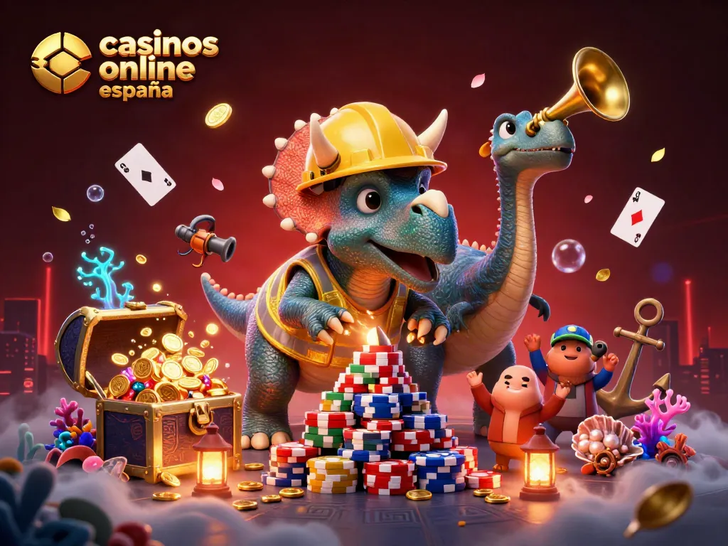 Visualiza juegan en casinos online España con un triceratops y un parasaurolophus celebrando.