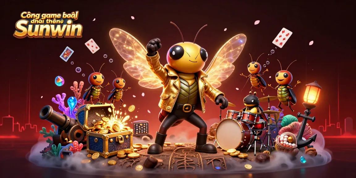 Cổng game bài đổi thưởng Sunwin showcases vibrant animations of characters, treasure, and casino elements.