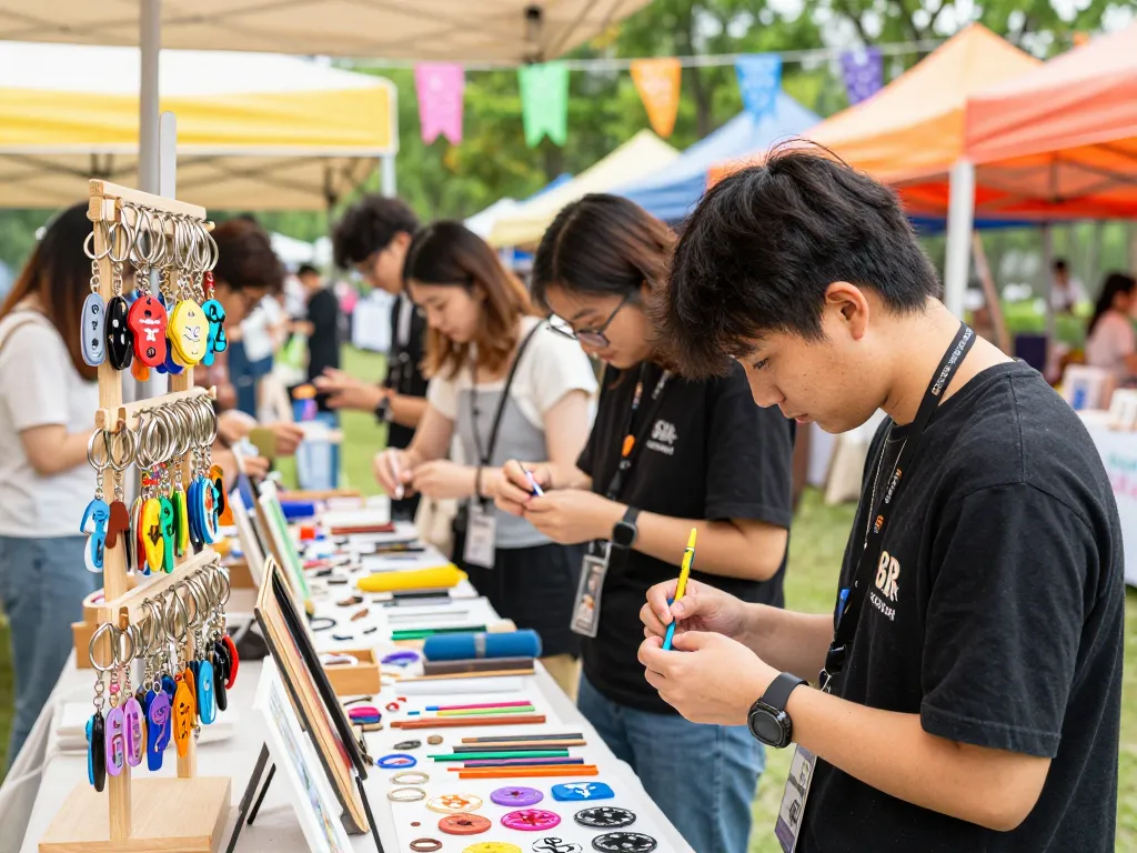 Customized keychains displayed at a vibrant outdoor market, with a young artist engaging customers.