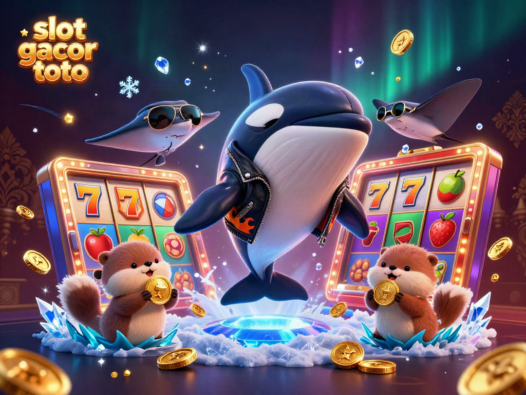 Engage with slot gacor toto in a lively scene featuring a 3D orca and otters surrounded by vibrant slot machines.