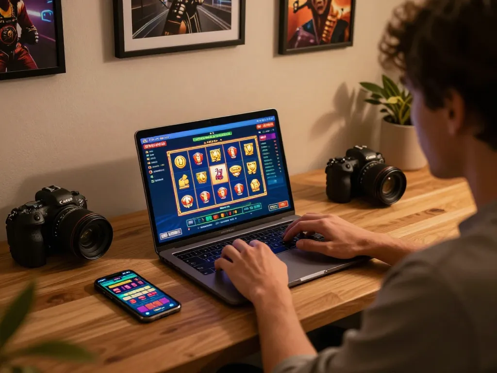 Playing casino gratis senza registrazione at home on a laptop with winning slots displayed on screen.