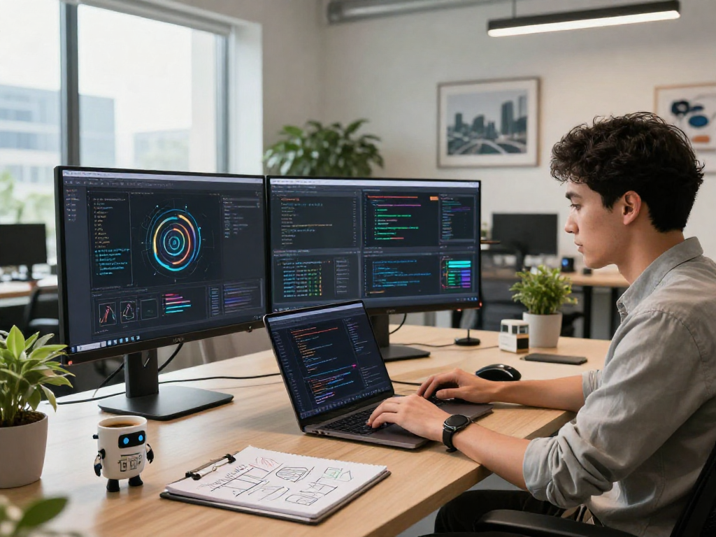 Developer coding in an innovative AI workspace, showcasing crushonai technology.