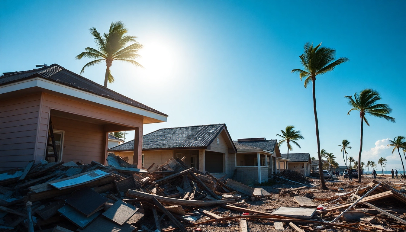 Assessing Florida Hurricane Damage with emergency crews amidst destroyed homes and debris.